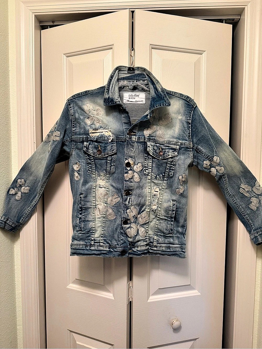 Evolution in Design Girls Denim Jean Jacket Distressed Embroidered Blue